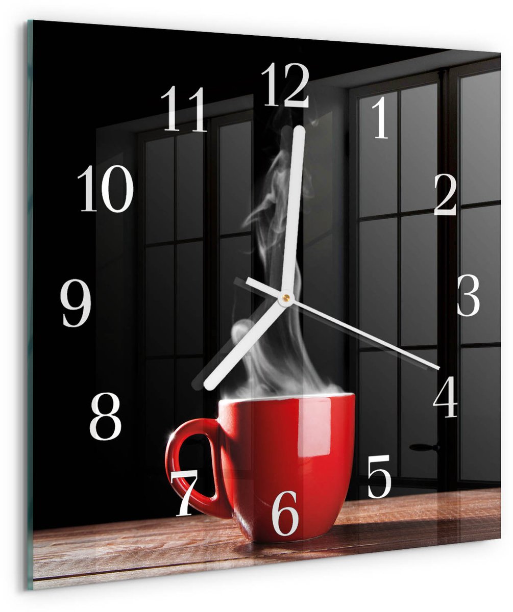 TULUP Wandklok - Kopje koffie Wandklok Glas Decoratie - 30x30 cm - Rood Gekleurde Glazen Klok - Witte Handen - Vierkante Wandklok - Klok Glas Met Opdruk - Moderne Wandklok Glas Rood - Kopje koffie