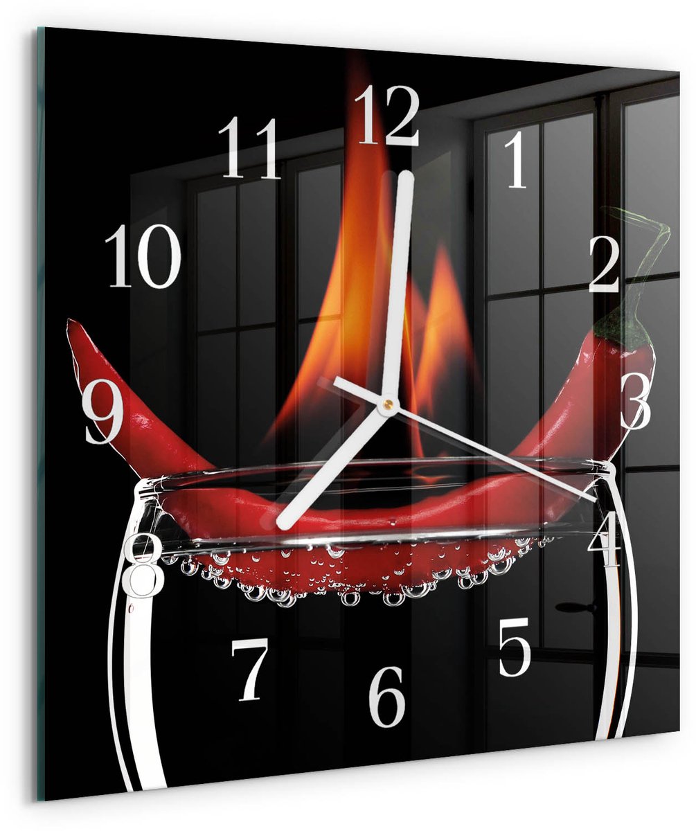 TULUP Wandklok - Chili Fire Decoratieve Glazen Klok - 30x30 cm - Rood Glazen Wandklok Design - Witte Handen - Vierkante Wandklok - Wandklok Glas Met Motief - Decoratieve Glazen Klok Rood - Chili Fire