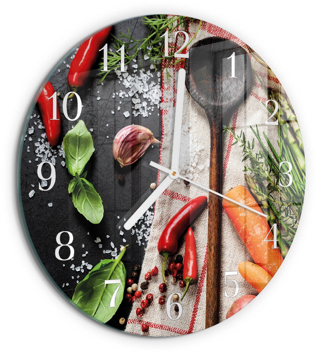 TULUP Wandklok - Specerijen Gekleurde Glazen Klok - 30fi cm - Veelkleurig Glazen Klok Met Print - Witte Handen - Ronde Wandklok - Gekleurde Glazen Klok - Glazen Klok Met Print Veelkleurig - Specerijen
