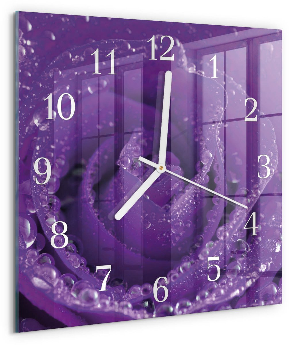 TULUP Wandklok - Roos Decoratieve Glazen Klok - 30x30 cm - Paars Glazen Wandklok Design - Witte Handen - Vierkante Wandklok - Klok Glas Met Opdruk - Moderne Wandklok Glas Paars - Roos