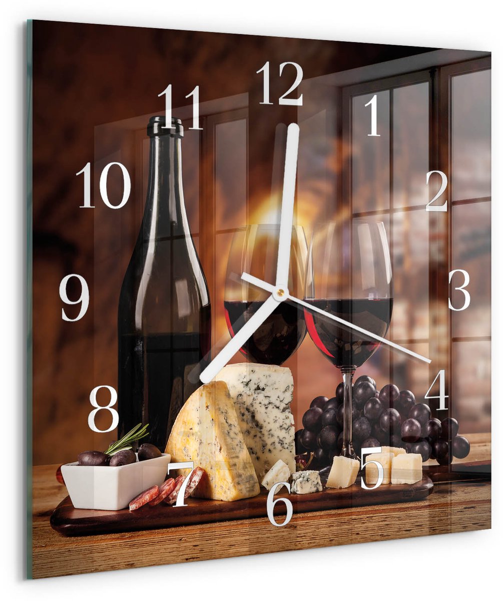 Tulup Wandklok - Wijn Gekleurde Glazen Klok - 30x30 cm - Bruin Glazen Klok Met Print - Witte Handen - Vierkante Wandklok - Klok Glas Met Opdruk - Moderne Wandklok Glas