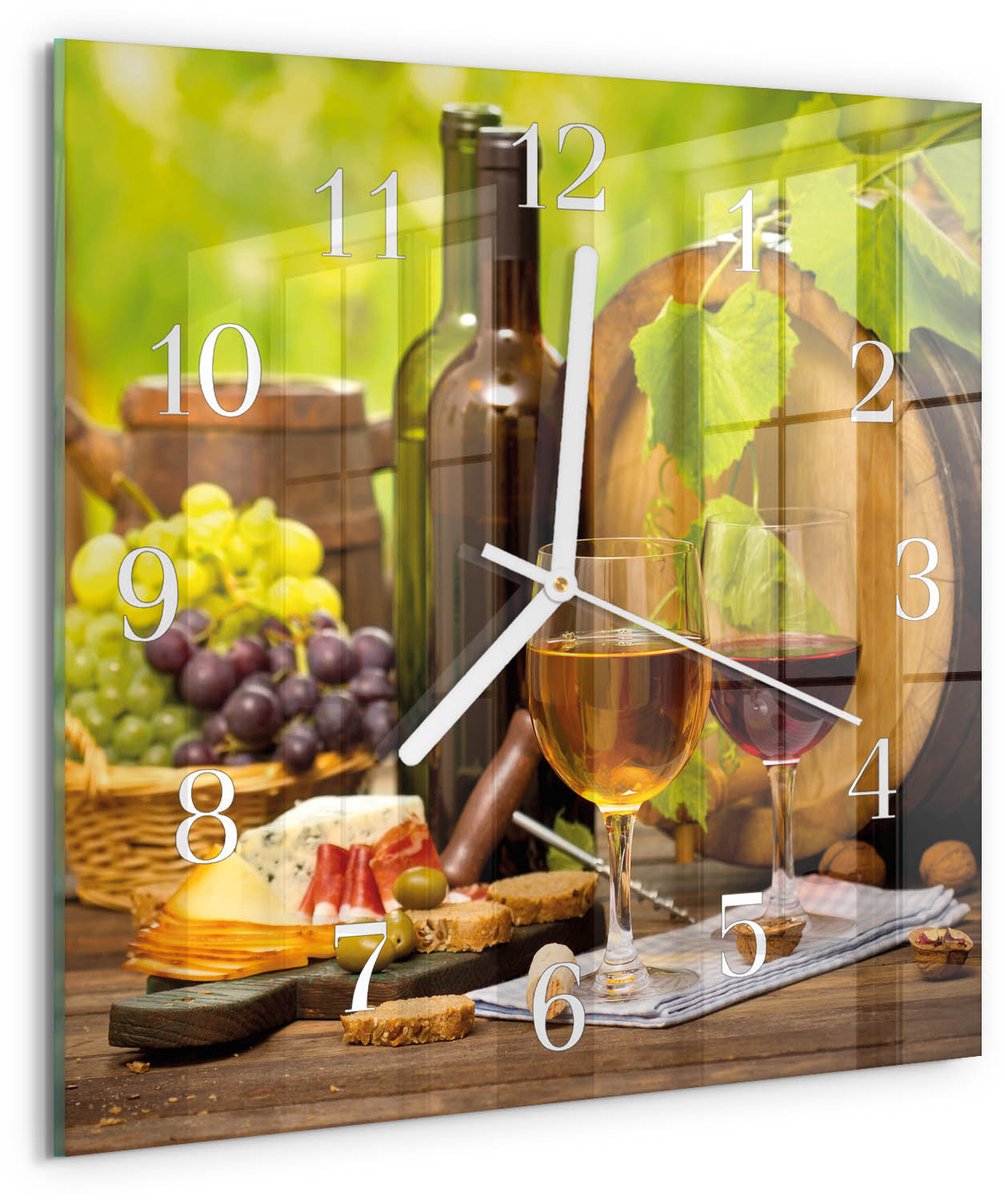 Tulup Wandklok - Druiven voor wijn Decoratieve Glazen Klok - 30x30 cm - Veelkleurig Glazen Wandklok Design - Witte Handen - Vierkante Wandklok - Klok Glas Met Opdruk - Moderne Wandklok Glas