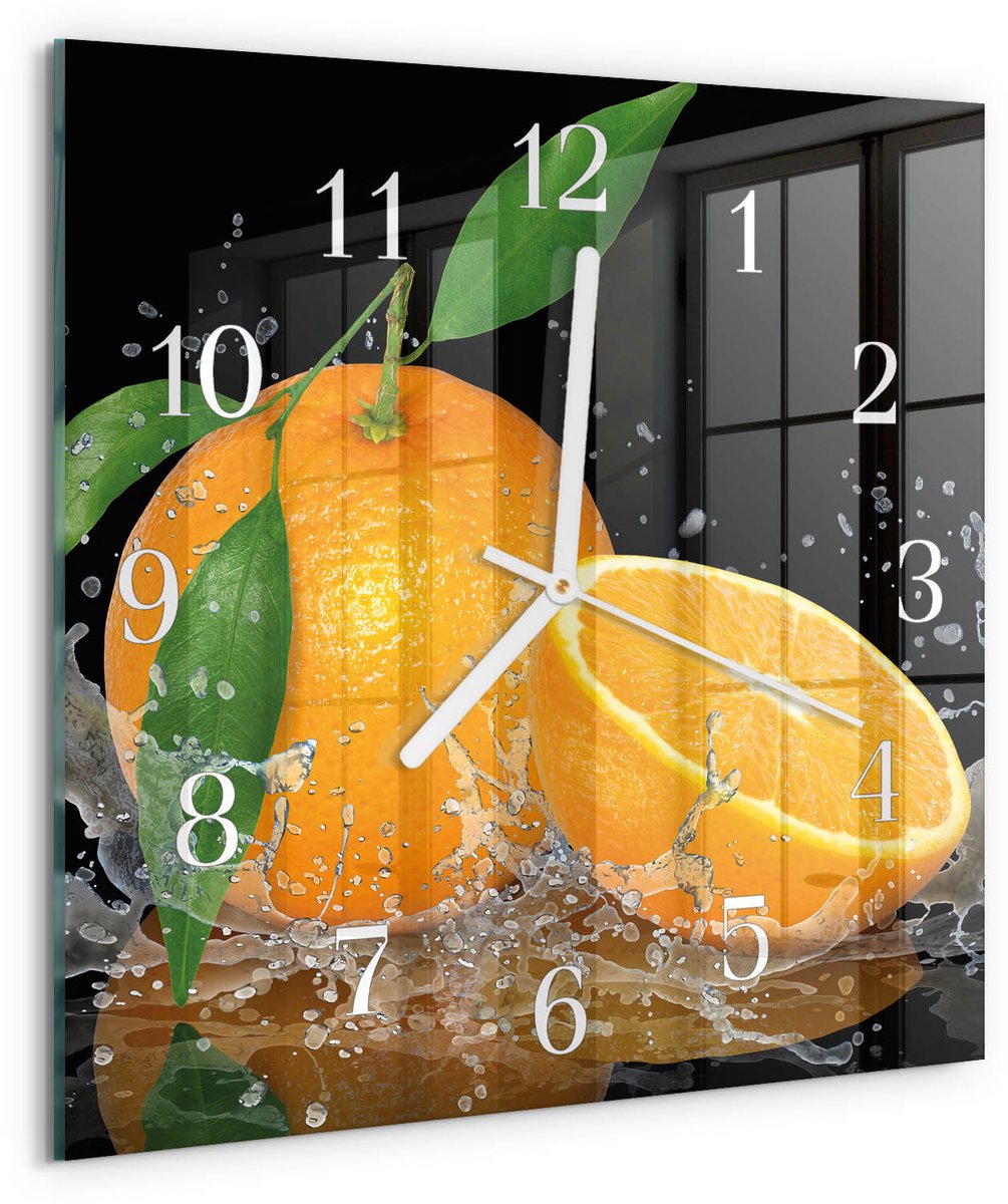 Tulup Wandklok - sinaasappels Decoratieve Glazen Klok - 30x30 cm - Oranje Glazen Wandklok Design - Witte Handen - Vierkante Wandklok - Gekleurde Glazen Klok - Glazen Klok Met Print