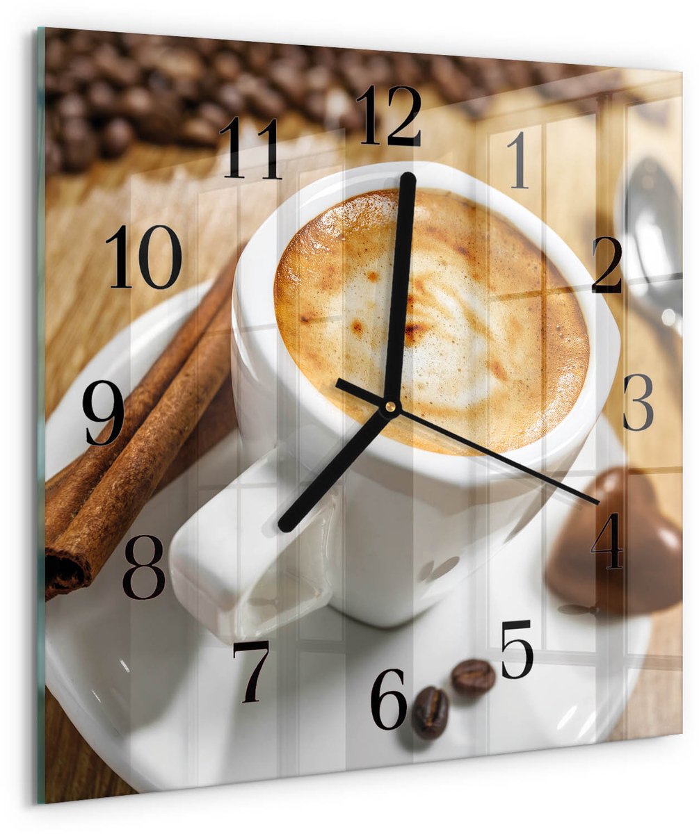 TULUP Wandklok - Koffie Wandklok Glas Met Motief - 30x30 cm - Bruin Decoratieve Glazen Klok - Zwarte Handen - Vierkante Wandklok - Gekleurde Glazen Klok - Glazen Klok Met Print Bruin - Koffie
