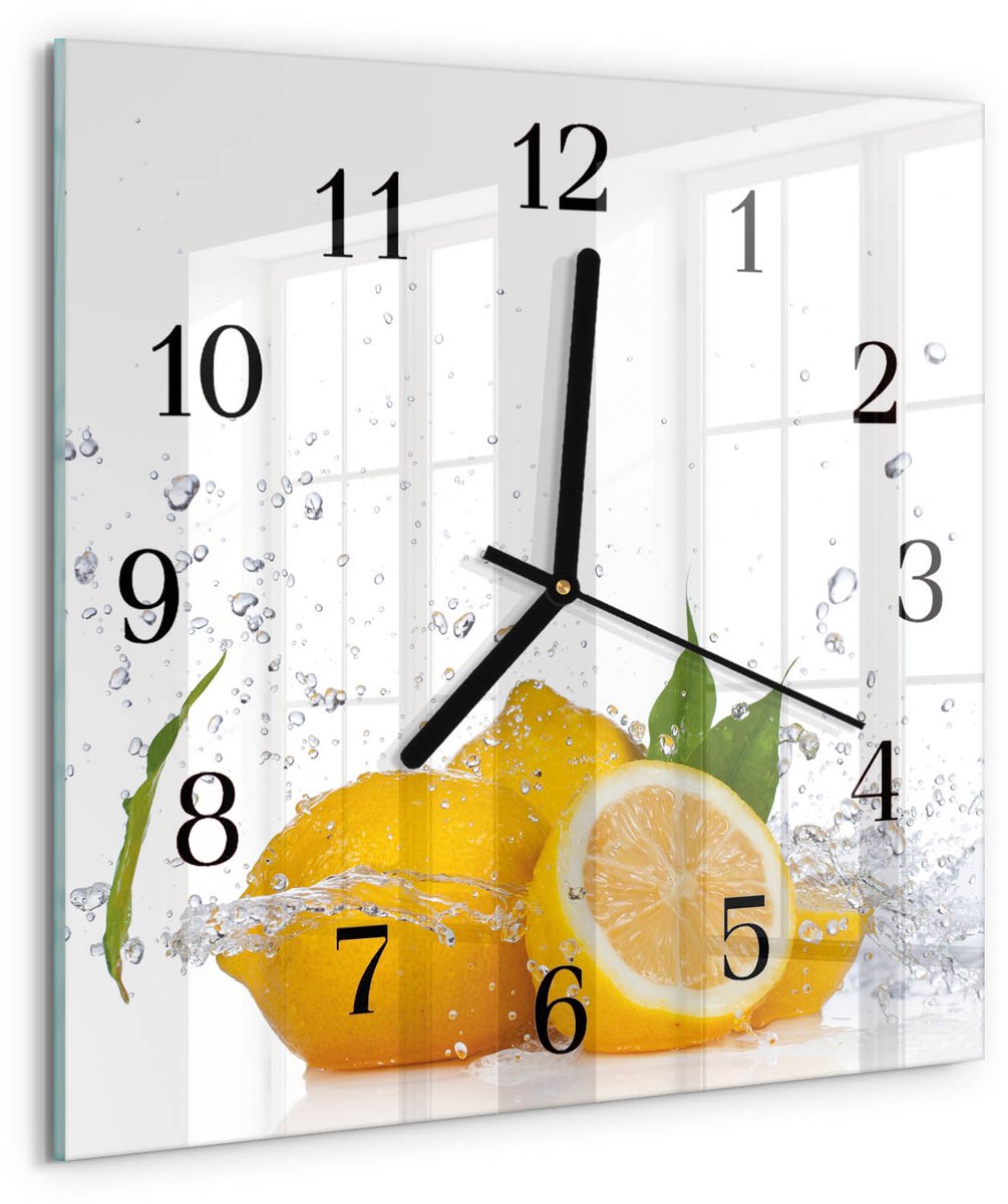 TULUP Wandklok - Citroenen Wandklok Glas Met Motief - 30x30 cm - Geel Decoratieve Glazen Klok - Zwarte Handen - Vierkante Wandklok - Wandklok Glas Decoratie - Gekleurde Glazen Klok Geel - Citroenen