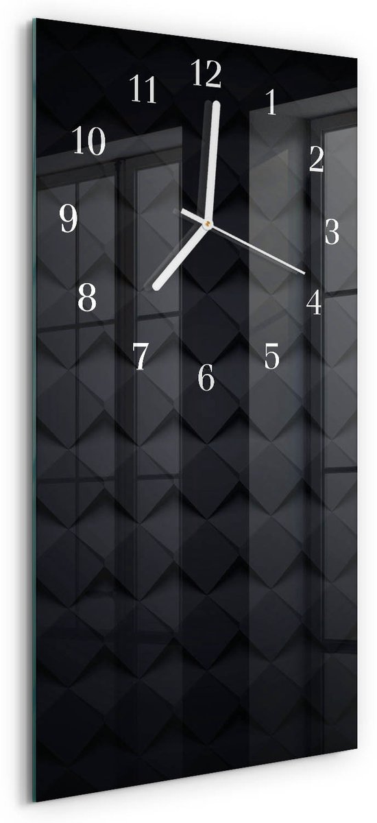 TULUP Wandklok - Patroon Klok Glas Met Opdruk - 30x60 cm - Zwart Moderne Wandklok Glas - Witte Handen - Rechthoekige Wandklok - Klok Glas Met Opdruk - Moderne Wandklok Glas Zwart - Patroon