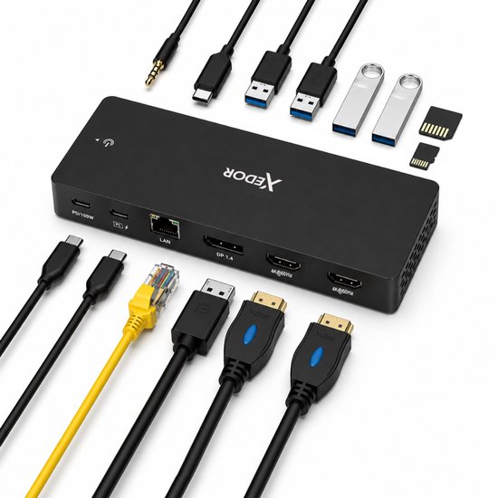 Zwarte Xedor docking station omringd door diverse kabels en adapters, waaronder HDMI, DisplayPort, Ethernet, USB-C en audio.