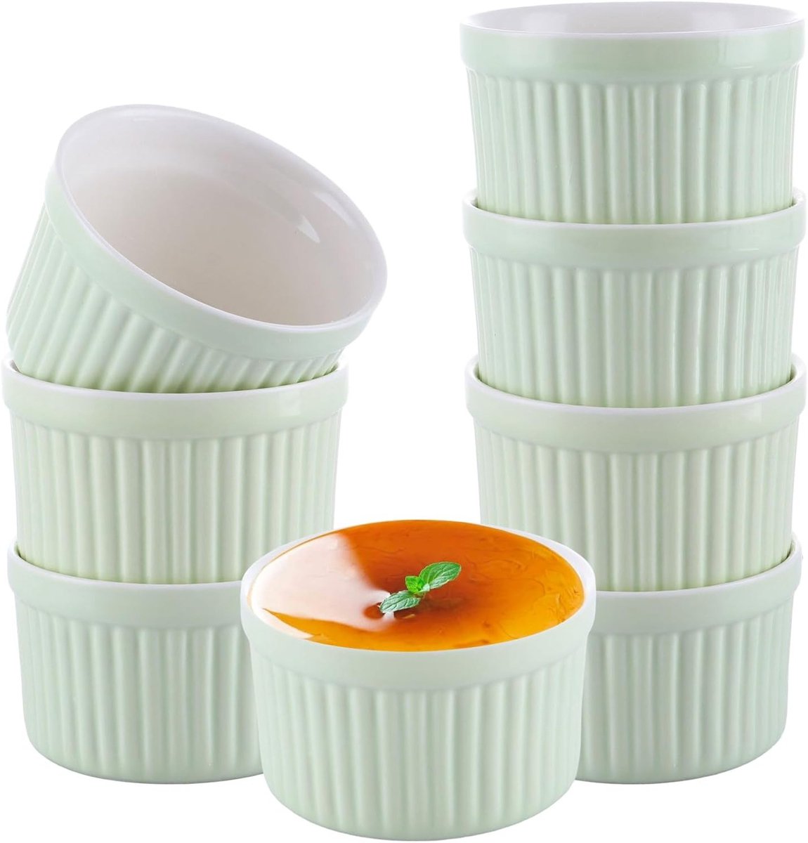 Set van 8 Kleine Porseleinen Ramekins 120ml voor Airfryer, Soufflé, Pudding en Dips - Groen