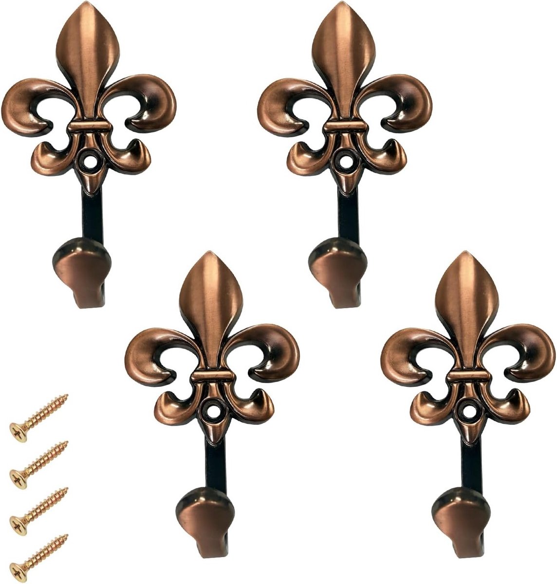 Retro gordijnhaken in roodbrons - 4 stuks vintage metalen wandhaken voor gordijnen, decoratie en garderobe, inclusief schroeven voor eenvoudige montage