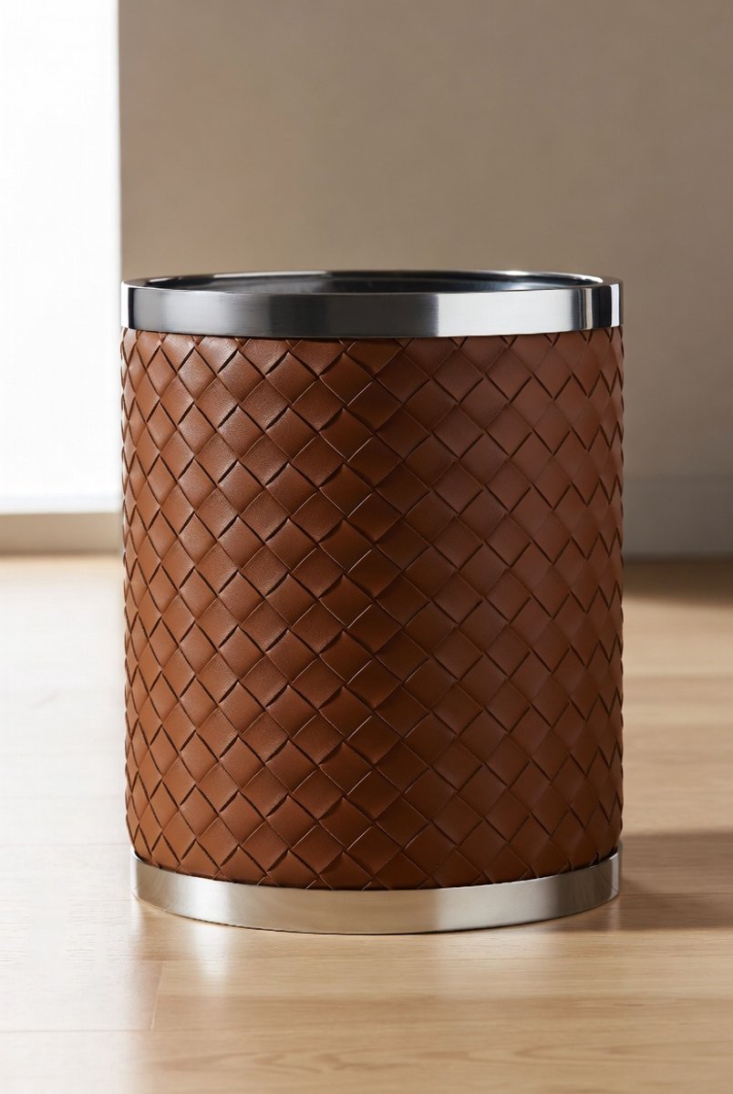 Vintage Imitatieleer Prullenbak met Textuur – Decoratieve Afvalmand voor Keuken, Badkamer en Kantoor – Compact Design met Verborgen Vuilniszakhouder – 27x33 cm – Ganeey