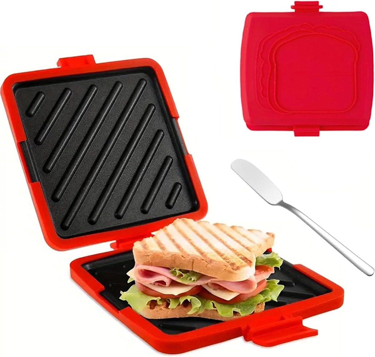 Magnetron Broodrooster - Sandwichmaker Tosti-ijzer - Ontbijt Snacks Maken - Snel Zonder Voorverwarmen - 18x17x4 cm - Rood