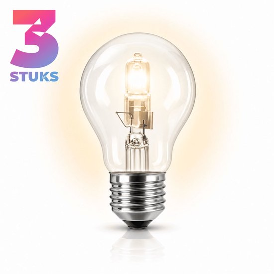 Een enkele gloeiende TrixLine halogeenlamp van 100W met E27 fitting, met '3 stuks' erop.