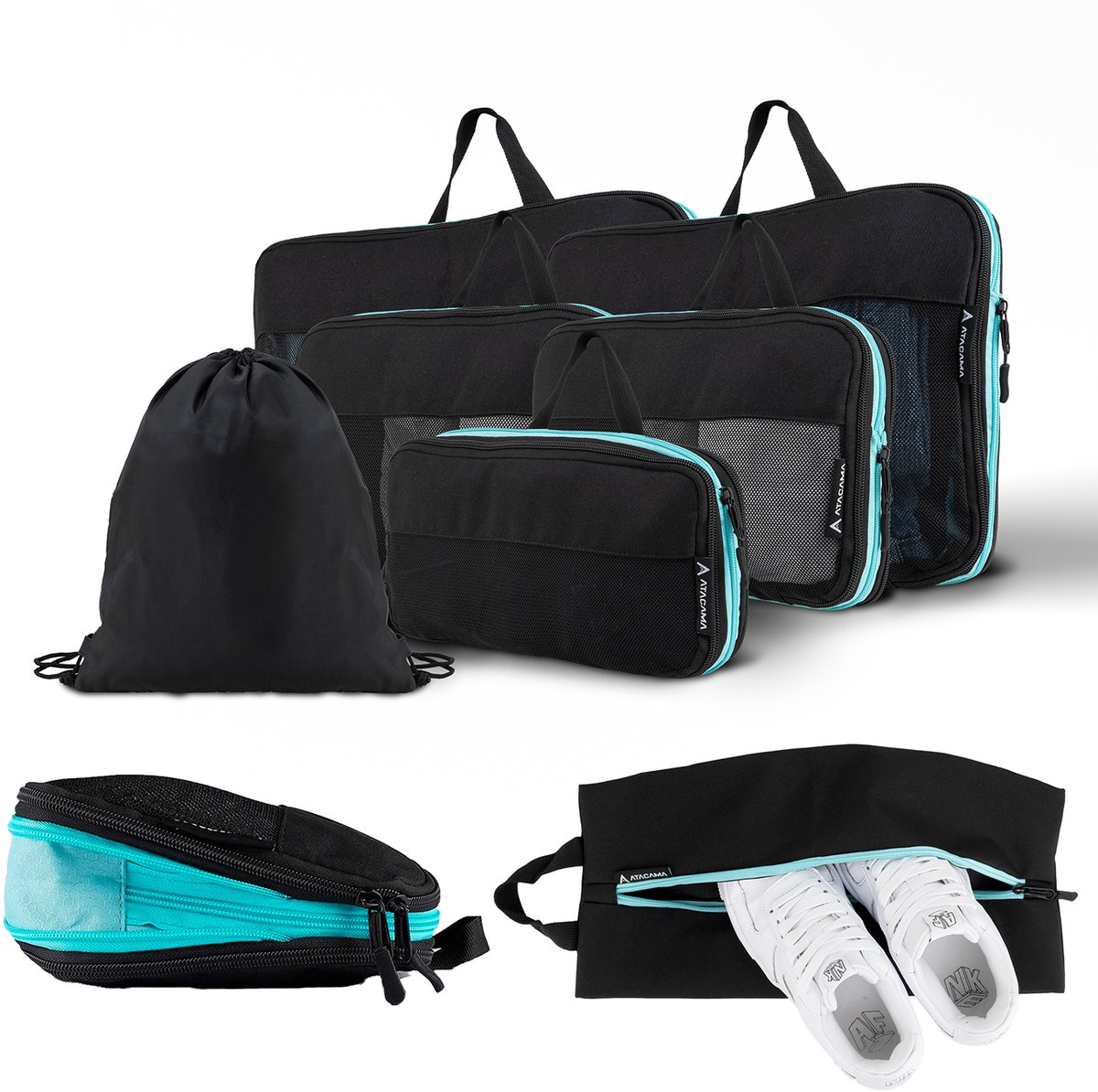Atacama Premium compressiepakkubussenset: ritssluiting & dubbele zakken, compressiepakzakken voor rugzakken & koffers - zwart Set van 8
