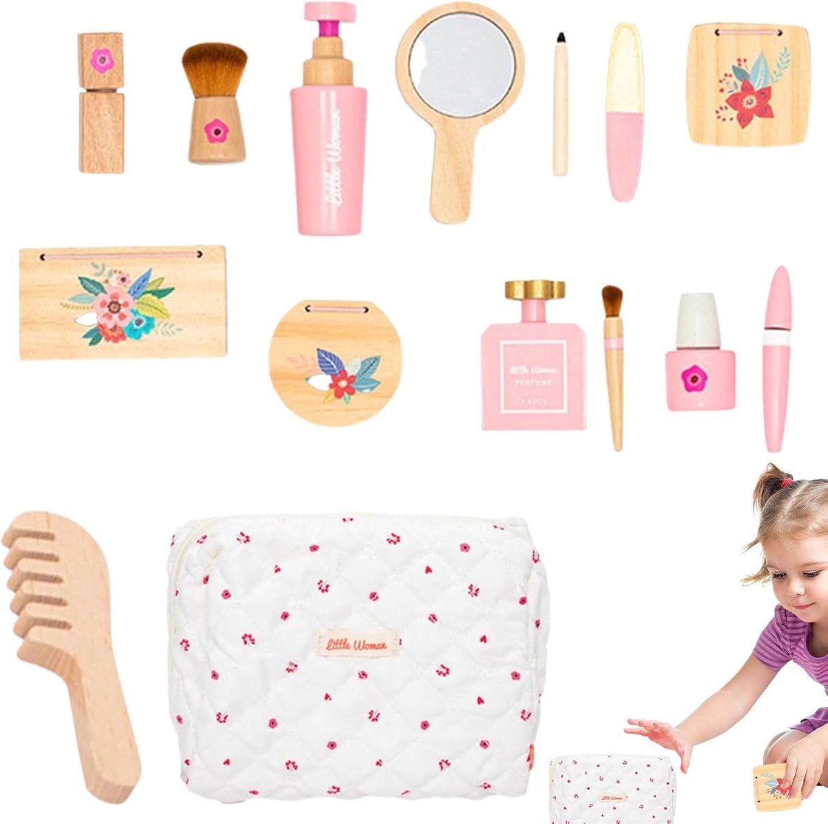 Houten Make-up Speelgoed - Cosmetica Set - Fantasie Spel - Massief Hout - 26 x 15 x 8 cm