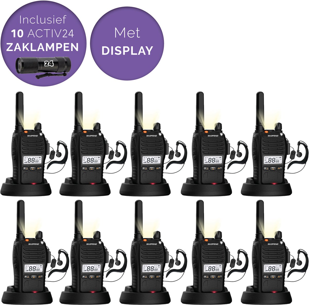 Activ24™ - Set van 10x Baofeng E88 PMR portofoons met display - Geen vergunning nodig - Met display, headsets en 10x Activ24™ zaklampen - Walkie Talkie - E88 portofoon
