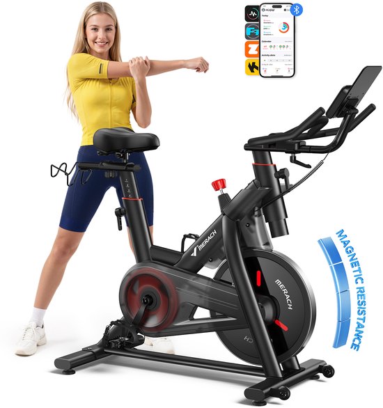 MERACH Hometrainer fiets - 16 verstelbare magnetische weerstandfitness - Bluetooth LCD-display - tablethouder - 10 kg vliegwiel - comfortabel en stil fietstrainer - tot 158 kg