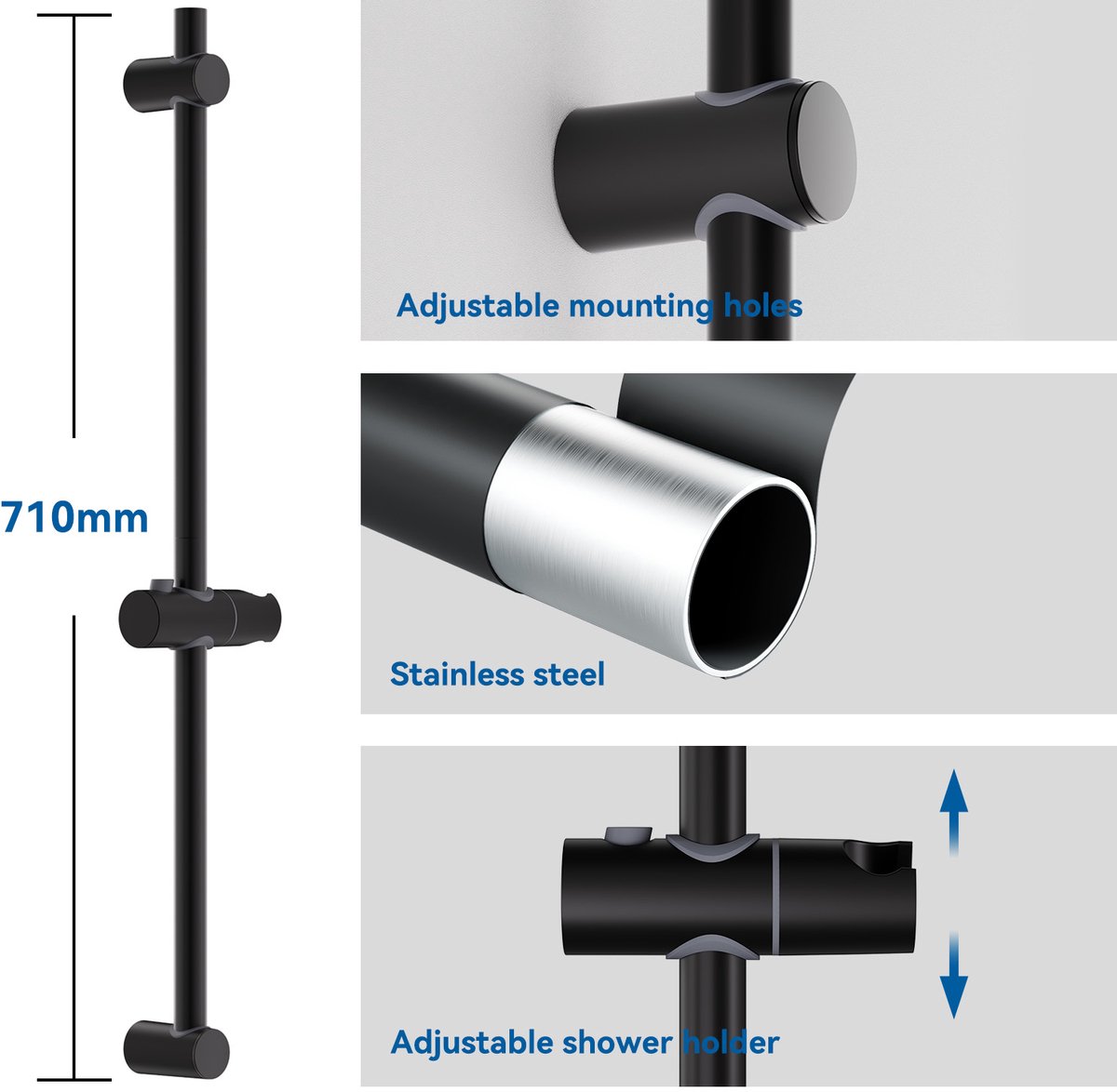 CECIPA max Glijstang - 70 cm - Verstelbaar - Universal Douchestang - Douche Glijstang - Eenvoudige Installatie - Zwart