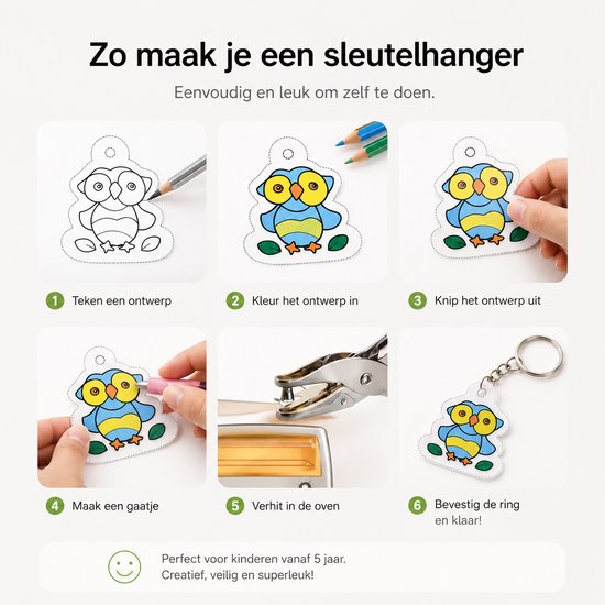 BOTC Kit Krimpie Dinkie 60 pièces – Kit d'artisanat sous film rétractable – Comprend 10 papiers rétractables vierges et 5 papiers rétractables avec motif, perforatrice, porte-clés, crayons pour enfants.