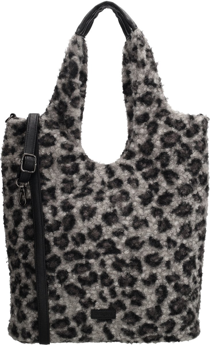 Beagles Nancy Shopper - Teddy Look - Schoudertas - Verstelbare Schouderband - Damestas - Casual - Tote Bag - Dames Tas - Luipaard Zwart/Grijs
