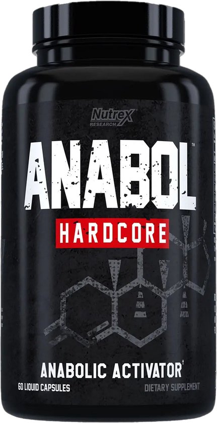 Zwarte fles met Nutrex Research ANABOL HARDCORE en "ANABOLIC ACTIVATOR" in witte letters. Chemische structuur op de achtergrond.