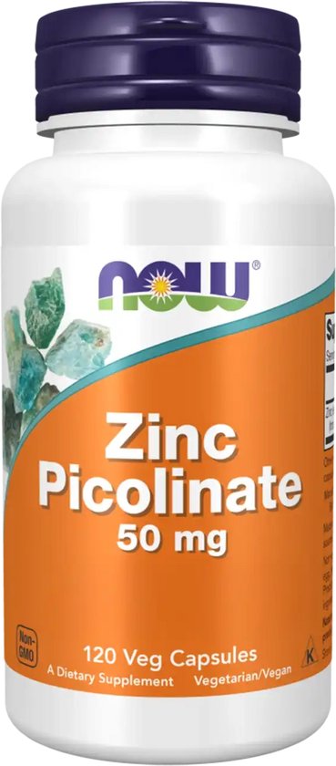 NOW Zinc Picolinate 50 mg 120 Vegicaps. Een fles met afbeelding van kristallen.