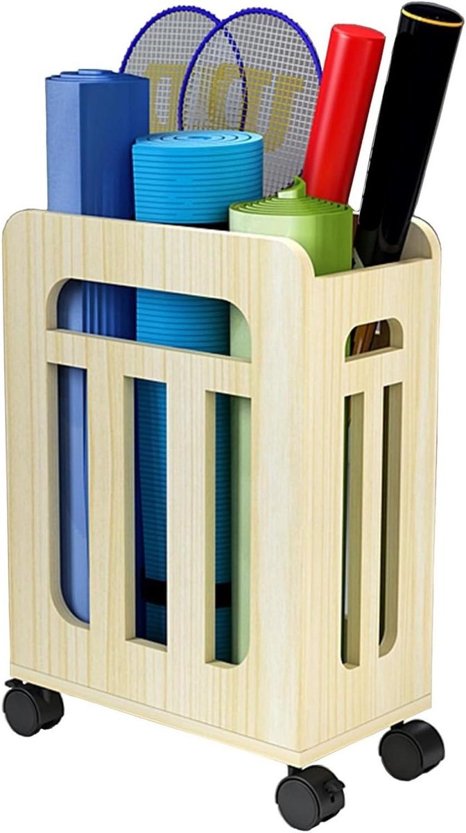 Fitnessrek met Wielen - Houten Organizer - Sportspullen Opbergen - Verplaatsbaar Ontwerp - 38x21x53cm - Houtkleur