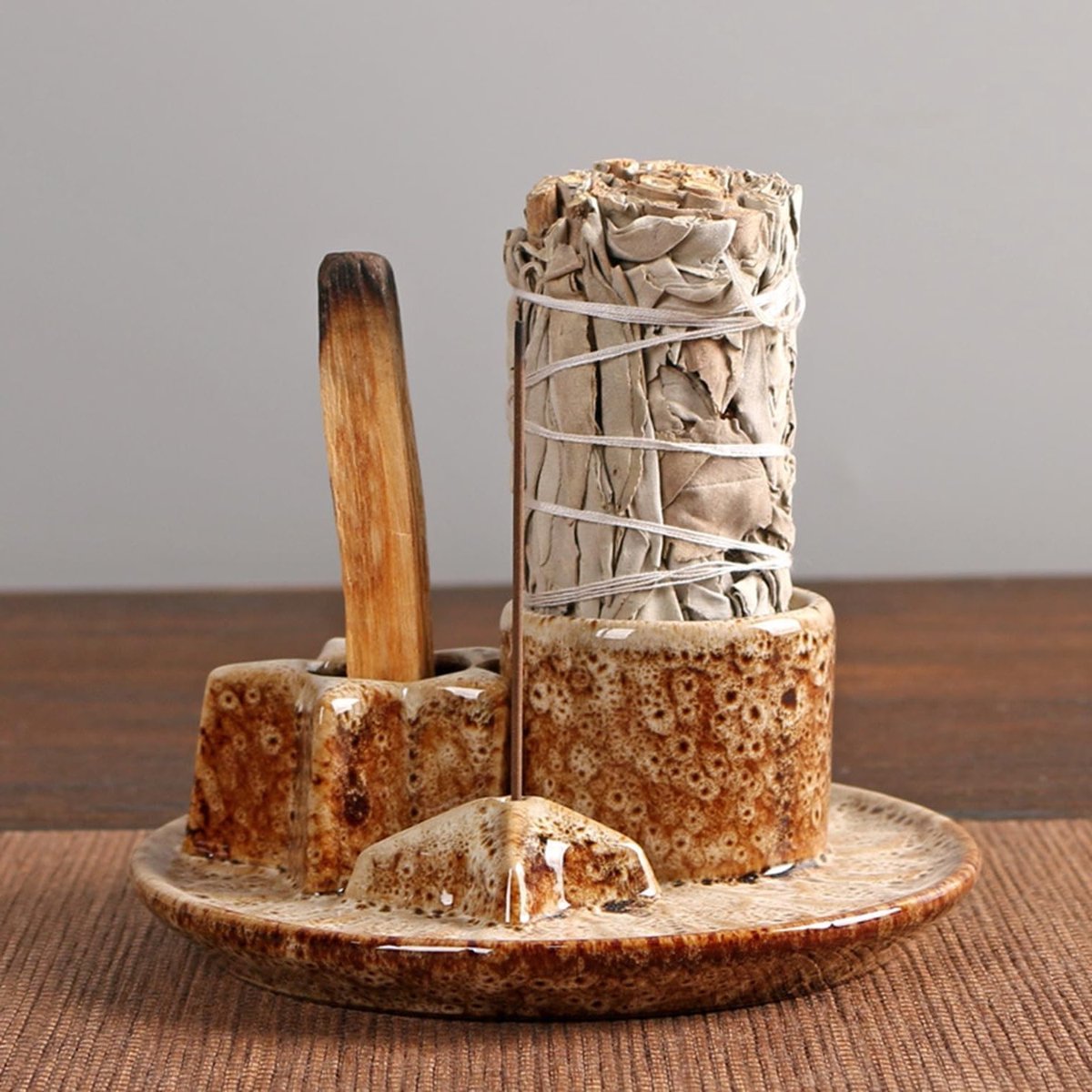 Handgemaakte keramische wierookkom set voor wierookstokjes, Palo Santo en witte salie, inclusief asopvangtray voor meditatie en yoga