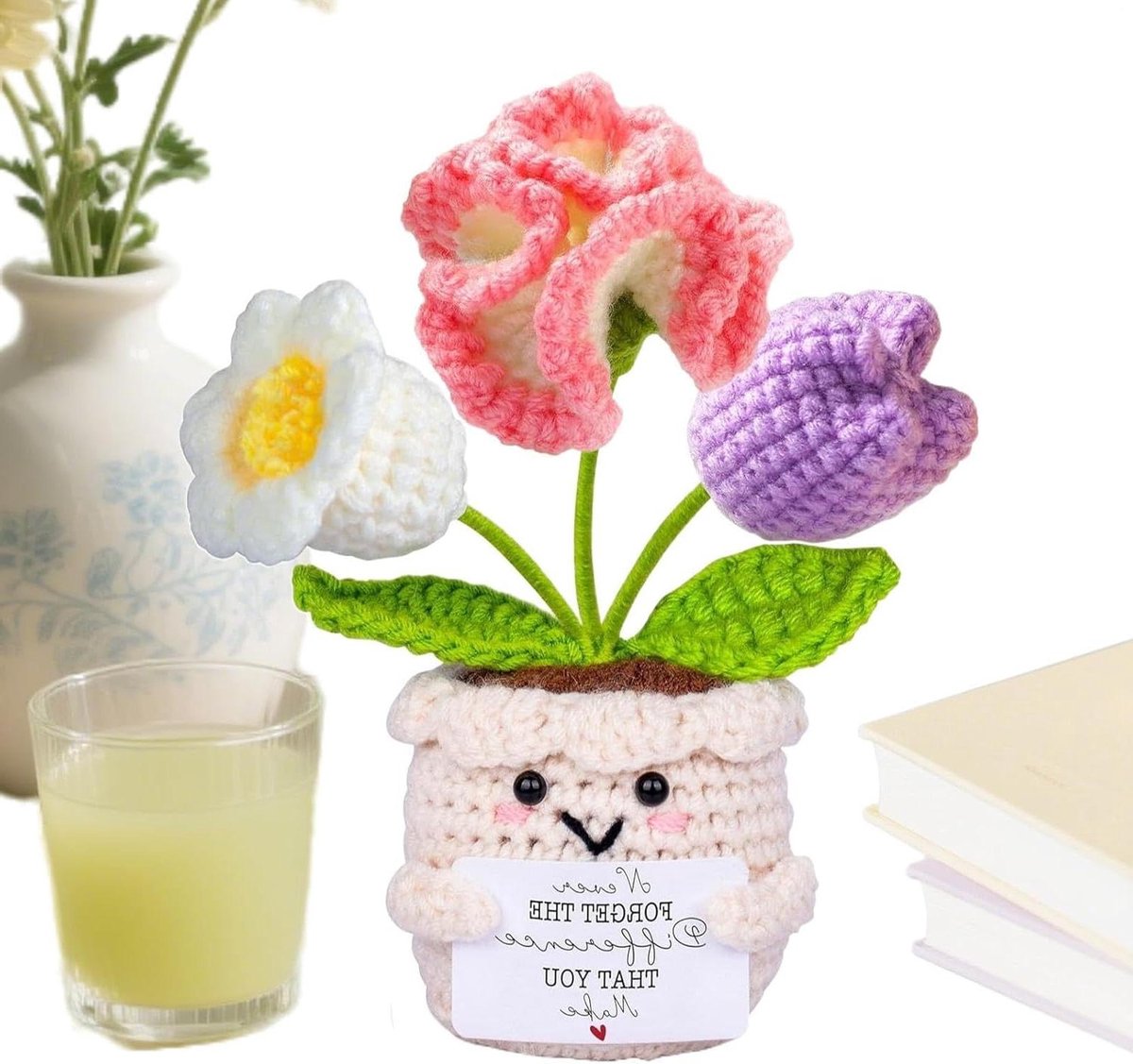 Gehaakt Bloemen Boeket - Handgemaakte Decoratie - Docent Waardering - Met Wenskaart - 16 cm Hoog - Multicolor