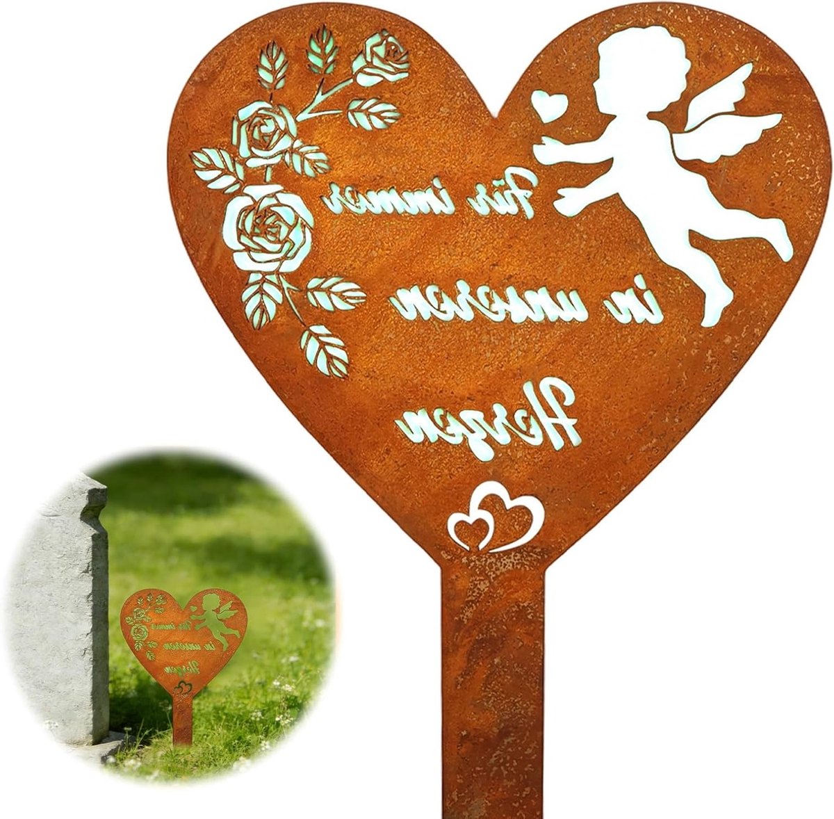 Weerbestendige grafdecoratie van metaal in roestlook met hart en emotionele spreuk voor gedenkplaatsen en tuinen
