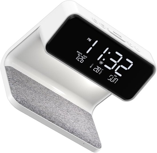 Slimme Oplader Lamp - Digitale Wekker - Wakker Worden - Draadloos Opladen - Groot Scherm - Wit — afbeelding 5