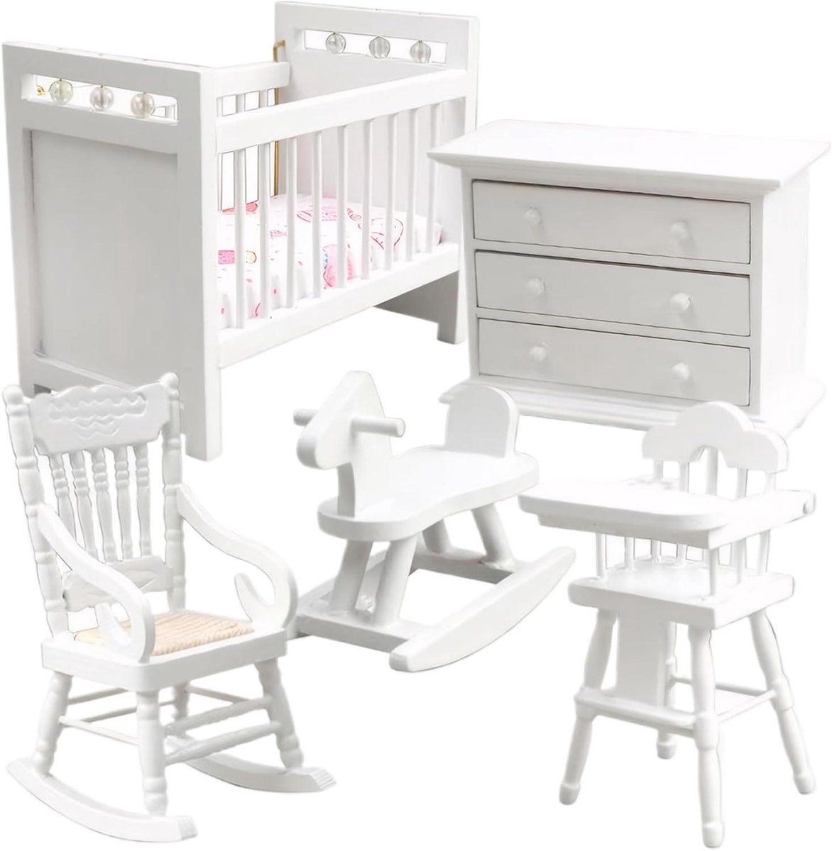 Poppenhuis Meubelset - Miniatuur Meubels - Babykamer Inrichten - Hoogwaardige Houten Constructie - 1:12 Schaal - Wit