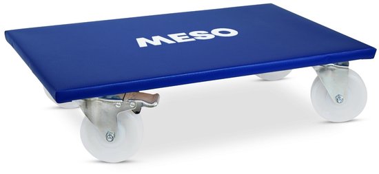 Blauwe meubelroller met MESO logo, met vier witte nylon wielen.