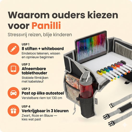Panilli Reistafel Voor Auto- Stiften cadeau - Reistafel voor Kinderen - Autotafel - Speeltafel Auto - Auto Stoel organizer Kinderen - Zwart van Merkloos — afbeelding 4
