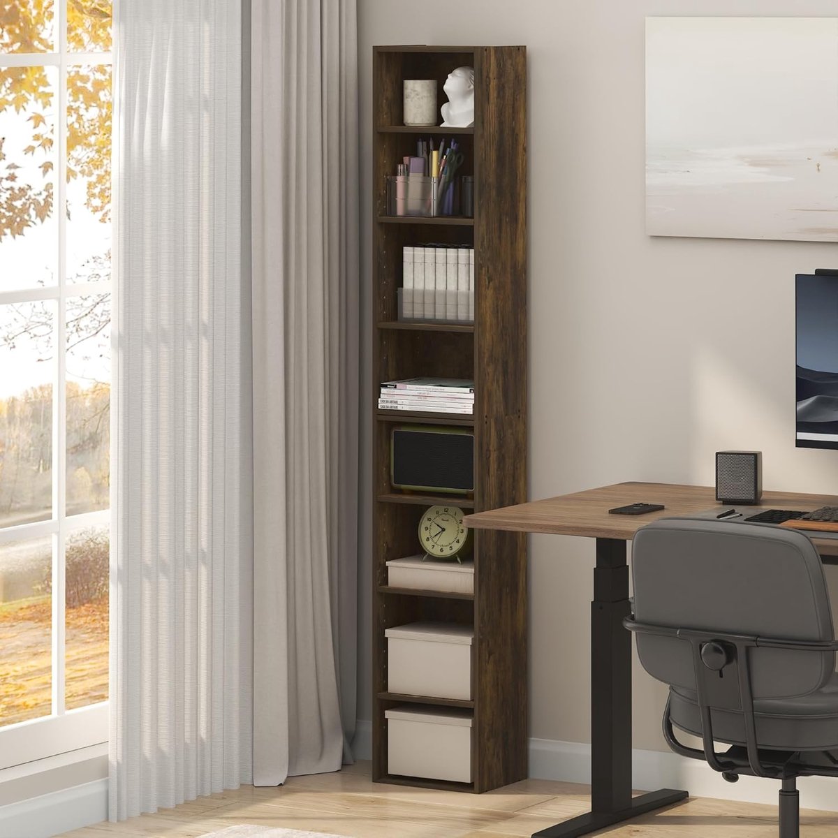 AmberTower Smalle 8-Laags Design Boekenkast met Open Planken – Ruimtebesparende Hoge Opbergkast 180,1 cm – 23,6 x 30 cm