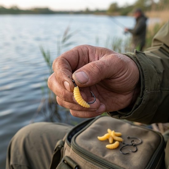 Beige vis aas kunstaas set unisex rubber maden vishaas met vis haken zachte imitatie wormen voor forel crappie panvis en zoetwater vissen 55 stuks — afbeelding 2