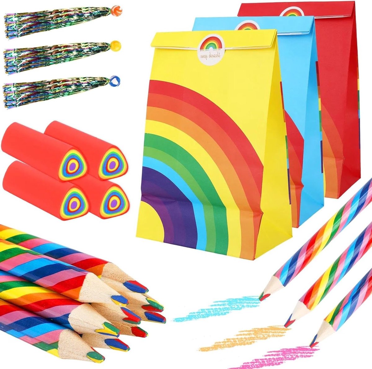 Kleurige 48-delige Set met Regenboogpennen, Gummetjes en Flummis voor Kinderfeestjes en Decoratie