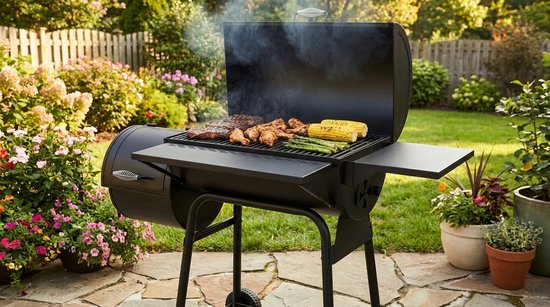 Houtskoolbarbecue House&Garden Smoker Pro XXL - BBQ Grillwagen met Deksel, Rookoven, Thermometer & Zijtafels - Grote Houtskool Grill Smoker voor Buiten - Verrijdbare Barbecue Grill met Schoorsteen - 147x126x126 cm - Zwart — afbeelding 4
