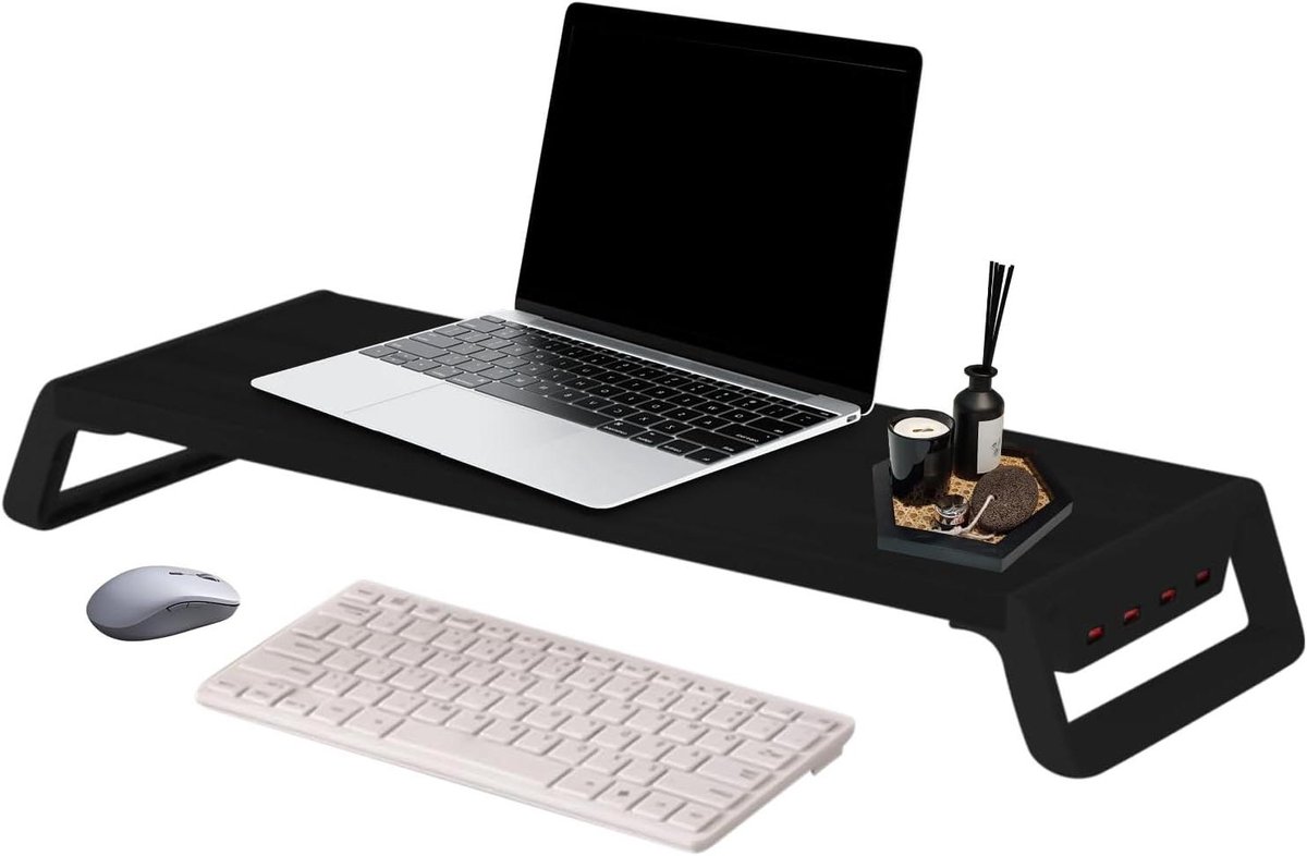Monitorstandaard Bureau - Bureau Organizer - Werkplek Verbeteren - Met 4 USB poorten - 50 cm breed - Zwart