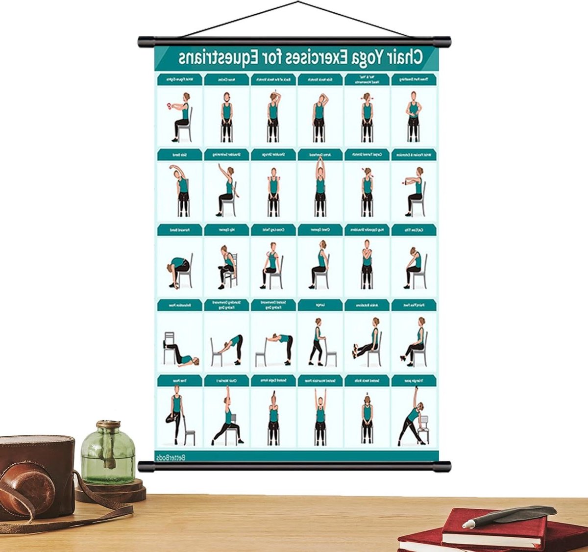 Stoel Fitness Oefenposter - Stoelyoga Gids - Beweeglijkheid Verbeteren - Meer dan 30 Posities - 44 x 4 cm - Blauw