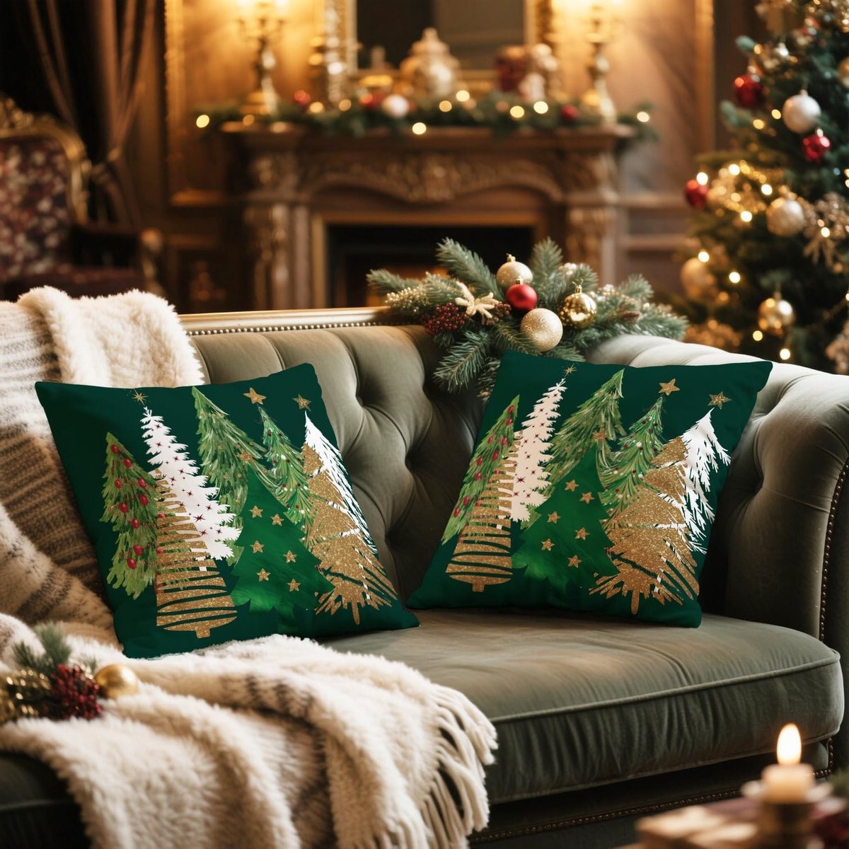 Decoratieve Kussenhoezen voor Kerstmis 55x55cm Set van 2, Groene Kussenhoezen met Boerderijthema voor Sofa en Woonkamer Versieringen