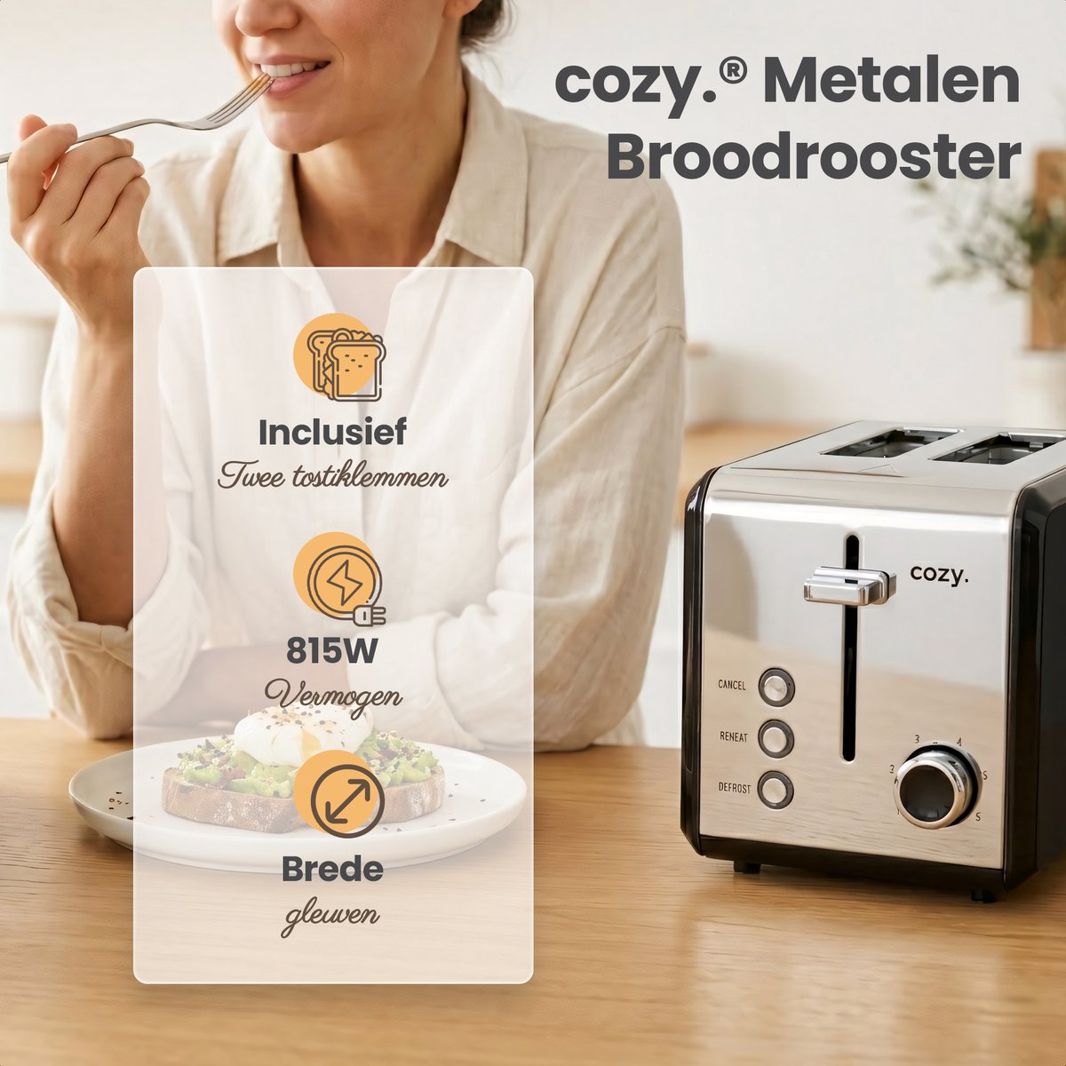 cozy.® Metalen Broodrooster met Tostiklemmen - Tosti Apparaat 815W - Retro Tosti Ijzer & Toaster - Brede Sleuven & 6 Standen - Ontdooi & Verwarm functie - Inclusief E-book - Broodrooster Zwart thumbnail 2