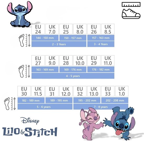 Maattabel voor Lilo & Stitch pantoffels voor kinderen.