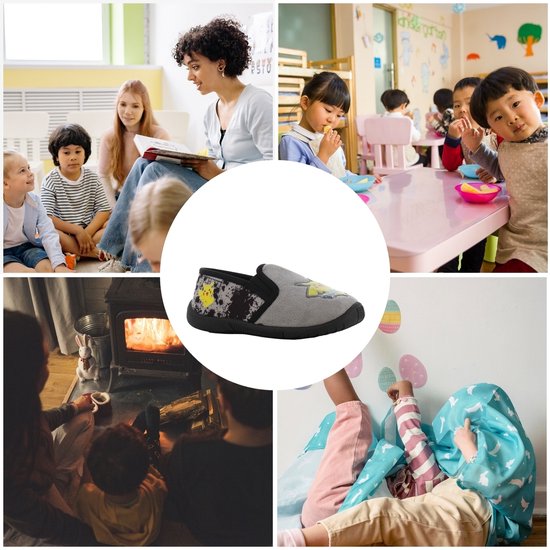 Collage met kinderactiviteiten en een centrale afbeelding van een grijze Pikachu-pantoffel.