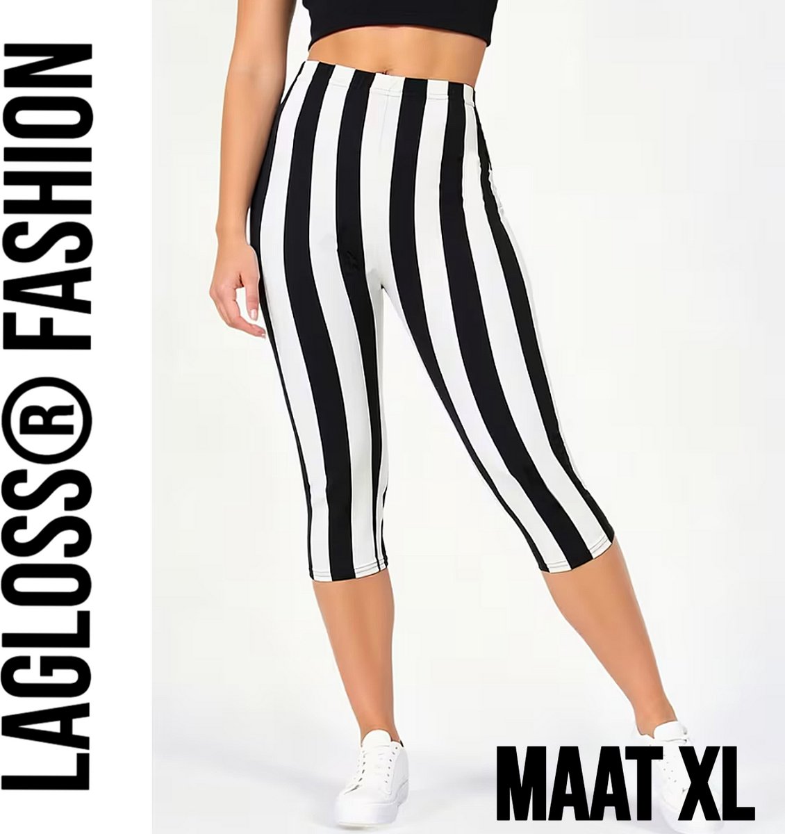 LaGloss® Dames 3/4 Yoga Legging Met Hoge Taille Zwart & Wit Gestreept – Hoge Stretch Sportlegging – Comfortabele Gym & Yoga Broek – Maat XL