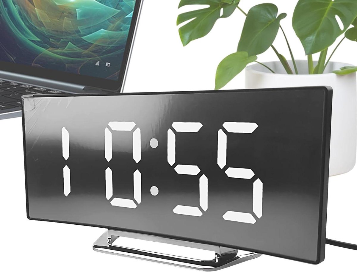 Digitale Wekker - LED Klok Bureauklok - Tijd Beheer - Gebogen Scherm - 17 cm breed - Wit