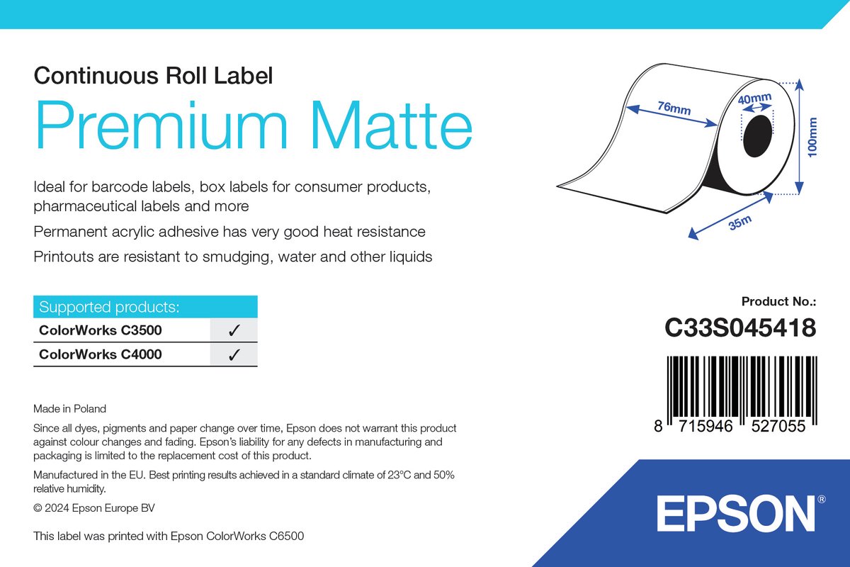 Premium Matte Label - Continuous Roll: 76mm x 35m