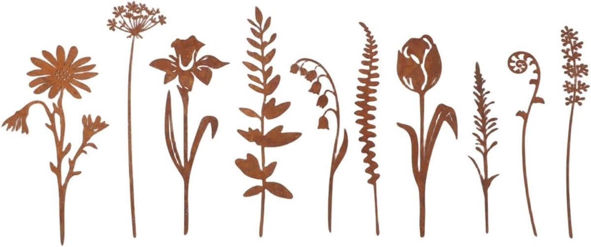 Metalen bloemen - Tuindecoratie palen - Buiten versieren - Set van tien - 30 x 10 cm - Roestig