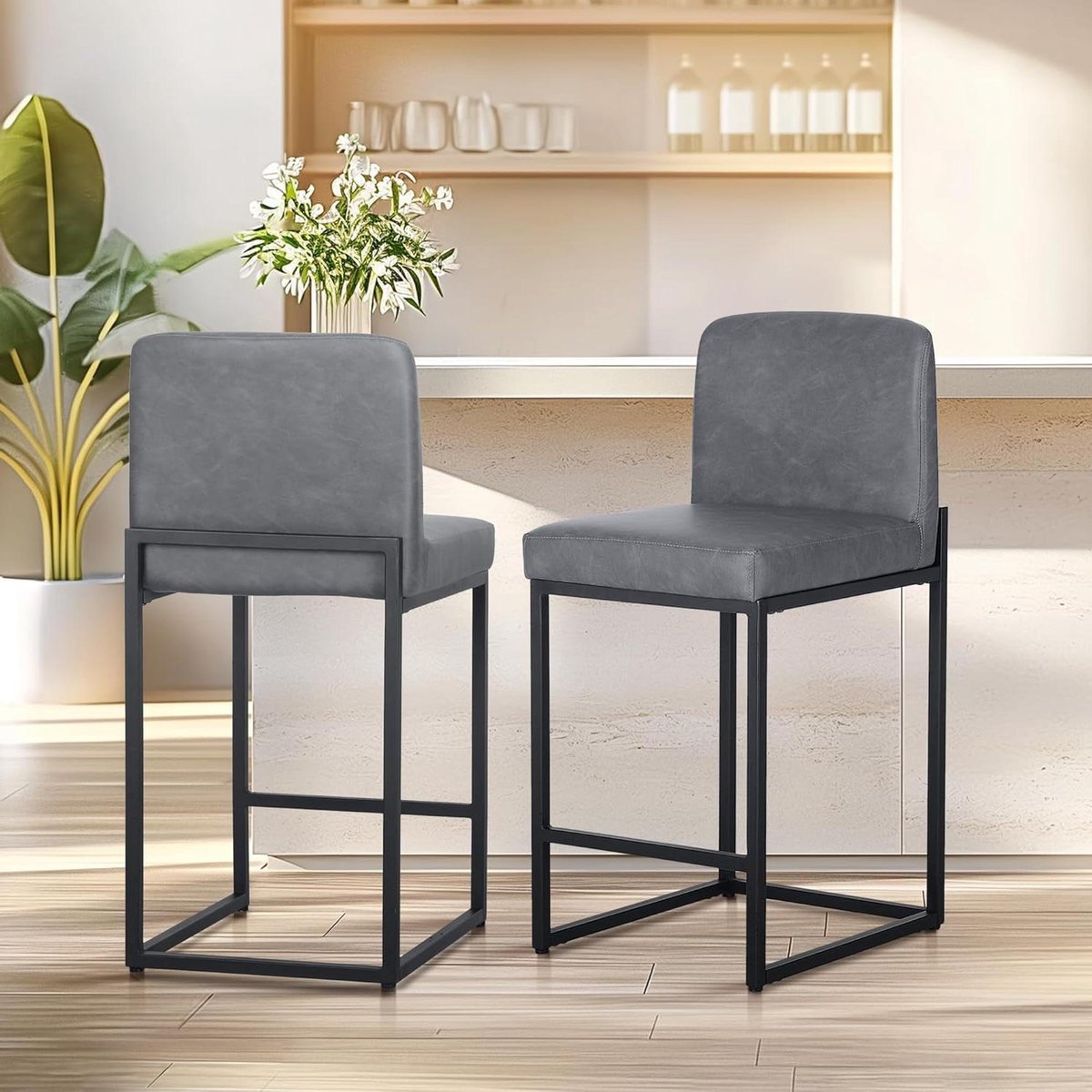 Set van 2 Barkrukken met Rugleuning en Voetensteun voor Keuken of Make-up Tafel