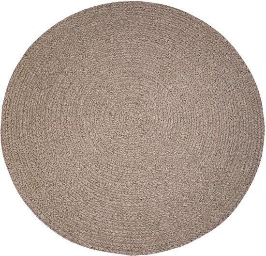 Rond, gevlochten vloerkleed in natuurlijke tinten, met het patroon dat vanuit het midden naar buiten straalt.