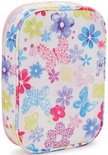 Wit etui met een print van kleurrijke bloemen en vlinders. Roze bies en naden.